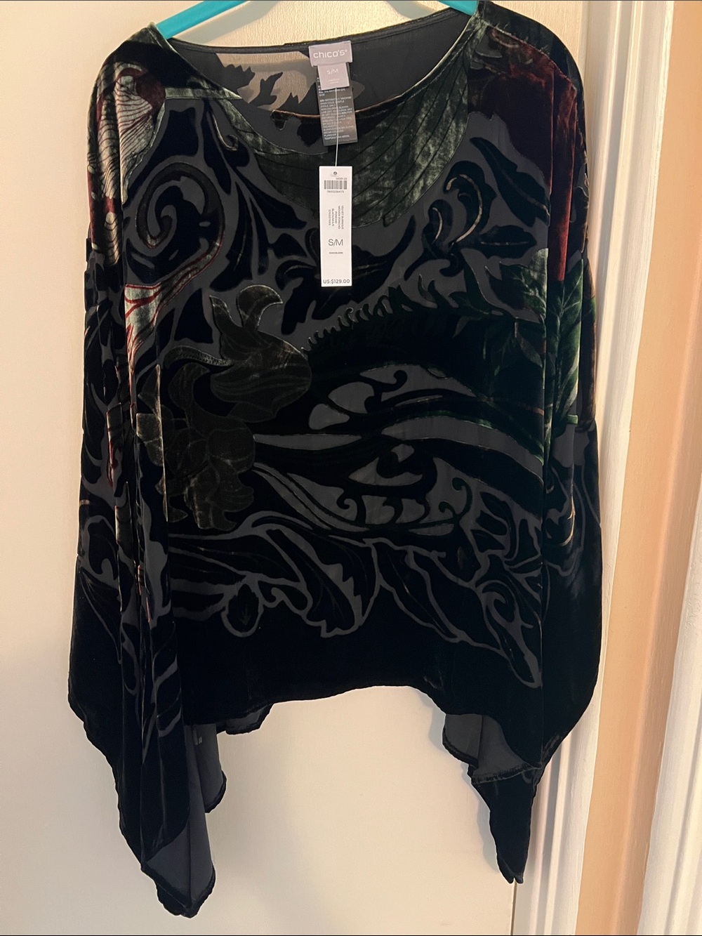 Chico's Black Velvet Burnout Cape with Jewel-Tone Accents